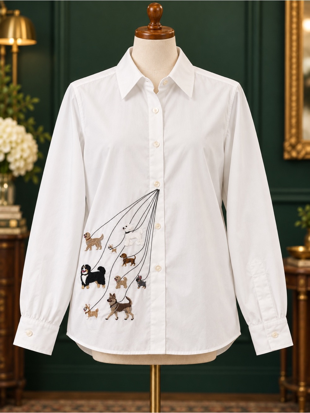 Vilagallo Embroidered Dog Motif White Button-Up Shirt $175 S/38